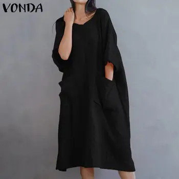 

VONDA Plus Size Vintage Dress 2020 Spring Summer Women Casual Cotton Dress Pockets Sleeve Sundress Vestido Femininas