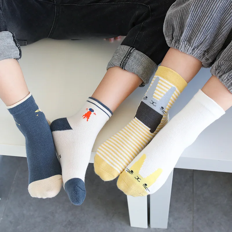 Детские носки с принтом лотоса, 5 пар/лот, зимние толстые хлопковые детские носки в полоску с изображением животных для девочек Школьные носки для маленьких мальчиков