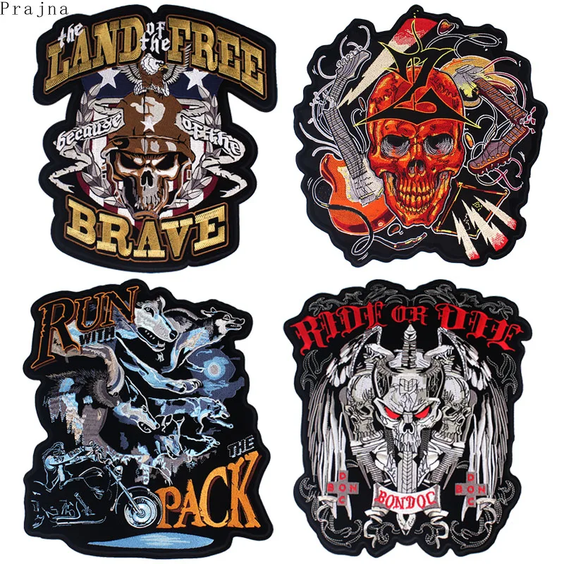 

Prajna Skull Iron On Embroidered Patches Stripes For Clothes Biker Applique Big Motorcycle Patch Ironing Patch Rock Stickers DIY