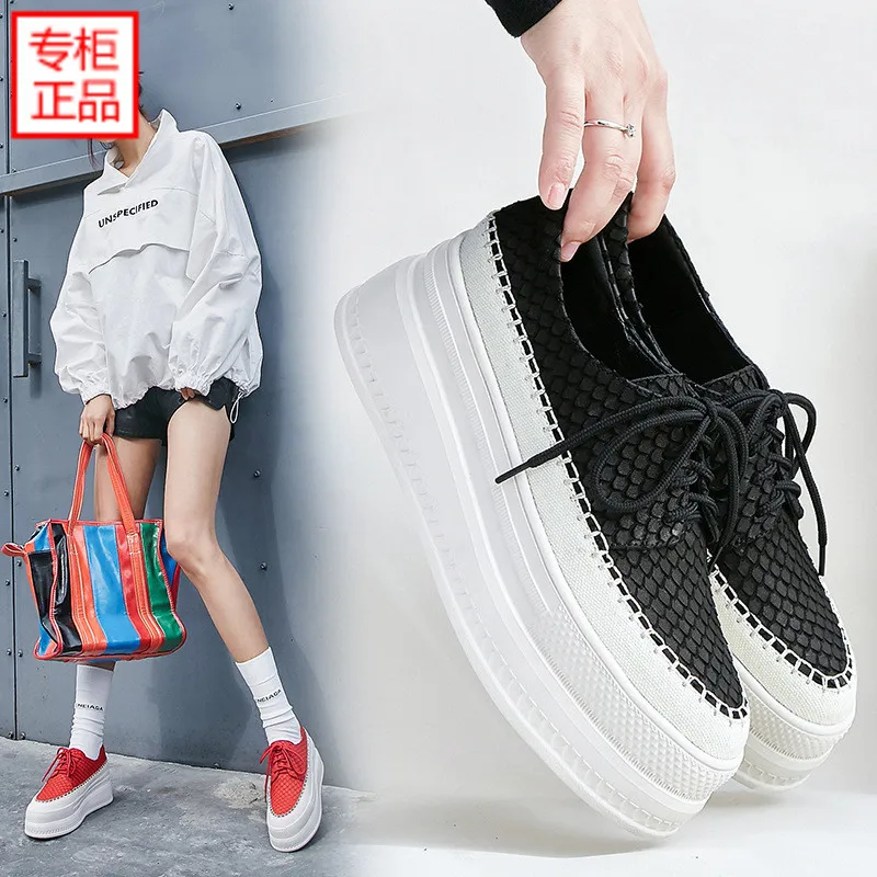 

2019 Spring New Style Platform Shoes Women's Platform round-Toe Lace-up Casual Small Leather Shoes Deep Mouth Leather Shoes Red