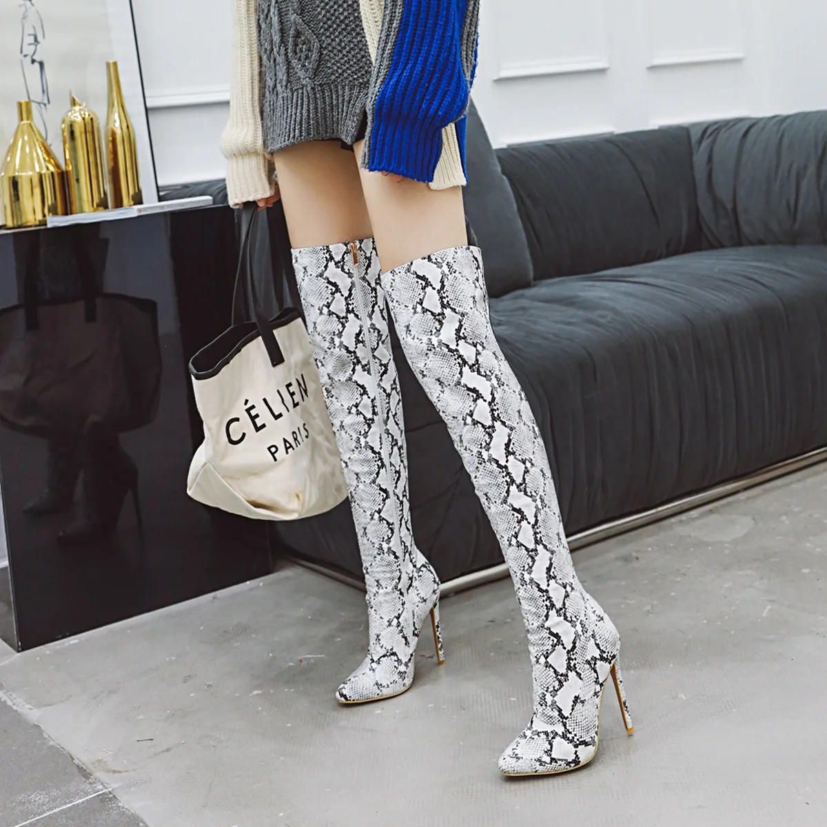MFYB Women's Boots Winter New Sexy Slim High-heeled Women's Shoes Pointed Snake Pattern 35-43 Oversized Knee Boots