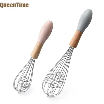 

QueenTime Egg Beater with Wood Handle Stainless Steel Manual Whisk Cream Flour Mixer Kitchen Cooking Blender Baking Pastry Tools