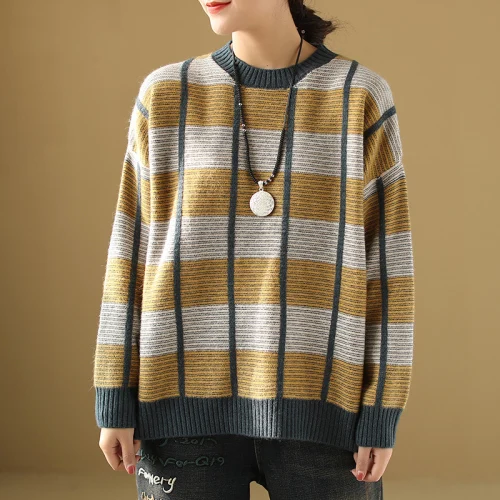 yellow sweaters Универсальные свободные женские свитера и пуловеры с круглым вырезом размера плюс, вязаные винтажные женские свитера из спандекса Z3 - Цвет: yellow sweaters