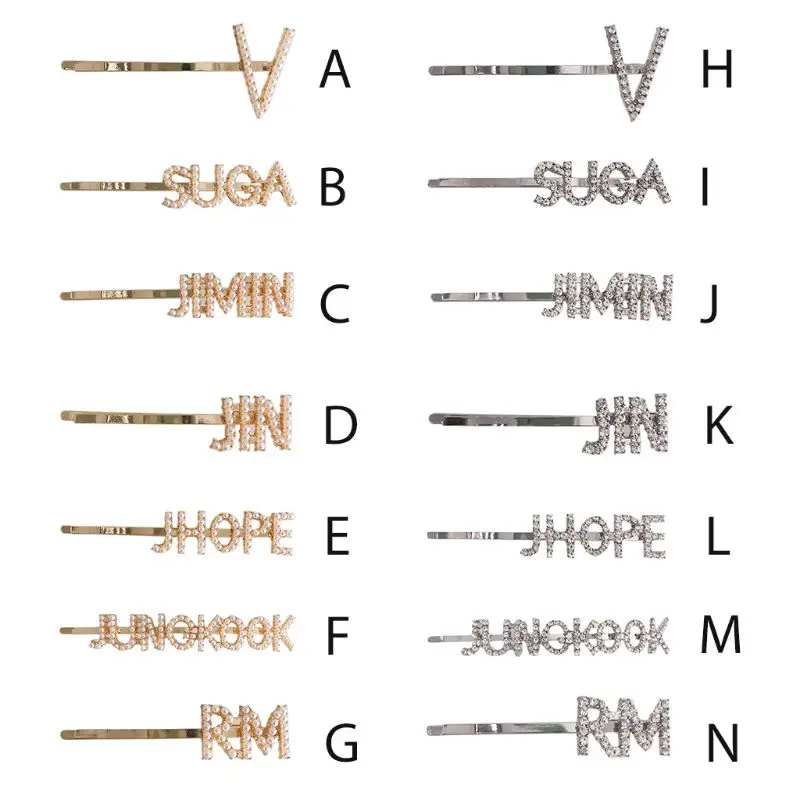 Заколки для волос с боковой челкой из металлического сплава для женщин и девушек, стразы с искусственным жемчугом Kpop, именные буквы, заколки для фанатов