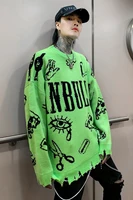 Pull déchiré avec trous pour homme, surdimensionné, Style coréen, Graffiti, Punk, Hip Hop, rouge, vert, jaune, automne et hiver 2