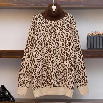

Plus Size 4XL Leopard Women's Sweater Knitted Loose Turtleneck Long Sleeve Female Pullovers 2020 Autumn Winter Ladies Sweaters