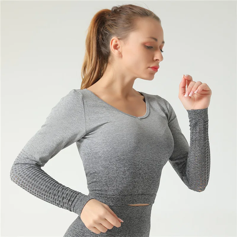 1Pc Grey Top Женский градиентный комплект для йоги, полый укороченный топ для йоги, бесшовные леггинсы для тренировок, леггинсы с высокой талией, штаны для спорта, фитнеса, тренажерного зала - Цвет: 1Pc Grey Top