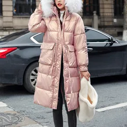 Women's Winter Fashion Glossy Long Over-The-Knee Hooded Thick Padded Jacket Coat Hooded padded warm padded jacket