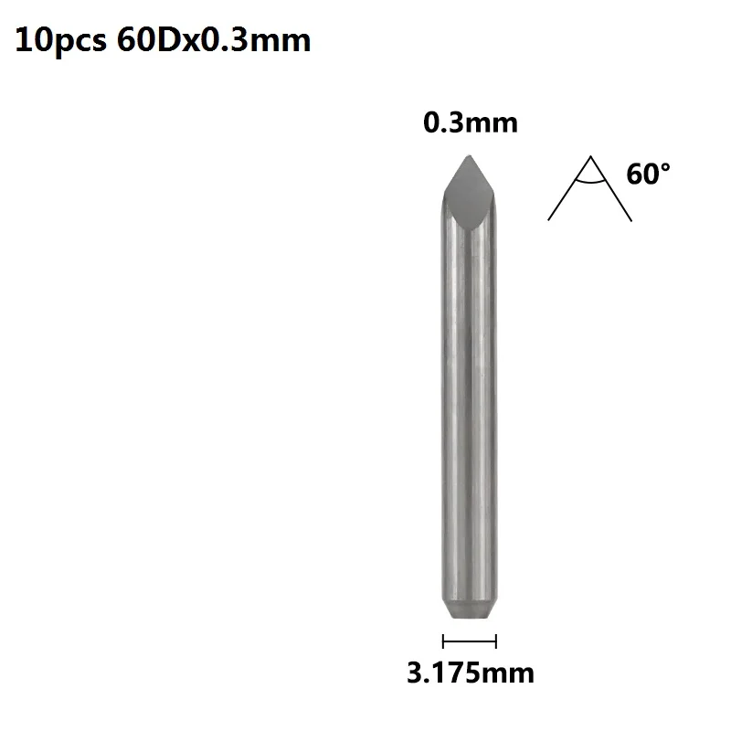 XCAN 10 шт. 20 Вт, 30 Вт/40/45/60/90 градусов наконечник 0,1-0,3mm 3 край пирамидальные гравировальные насадки 3,175 мм Концевая фреза ЧПУ 3D фреза - Cutting Edge Length: 10pcs 60Dx0.3mm