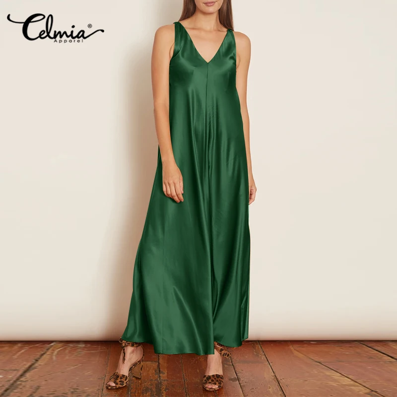 Sexy Summer Maxi Dress 2021 Celmia Women Sleeveless Satin Silk Long