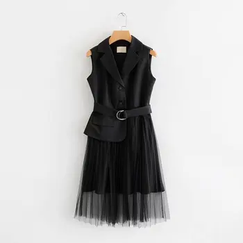 

2020 Summer Women Mesh Patchwork Black Long Vest With Belt