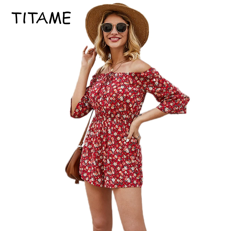 

TITAME 2020 Spring Summer New Boho Neckline Lace-up Collar Cropped Sleeves Floral Shorts Rompers Womens Jumpsuit Casual Sweet