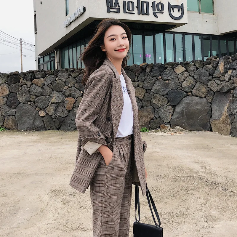 

Retro Plaid Small Suit WOMEN'S Suit 2019 Spring And Autumn New Style Korean-style Casual Wear Coat Two-Piece Set CHIC Formal Wea