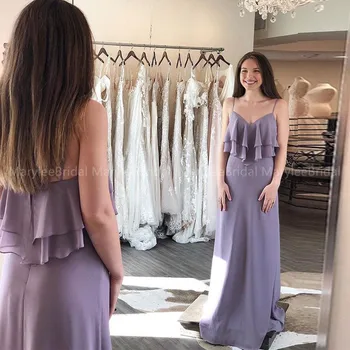 

Long Dusty Purple Bridesmaid Dresses Spaghetti Straps Ruffles V-neck Chiffon Maid Of Honor Dress Simple Cheap Bride Maid Dresses