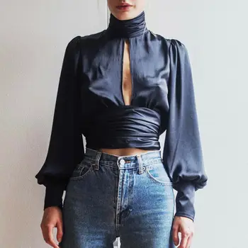 

Plus Size Women High Neck Blouses Sexy Hollow Out Long Sleeve Shirts Satin Slim Crop Tops Fashion Office Lady Top 2Colors New