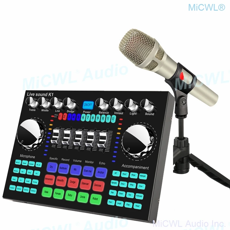 US $30.40 Beautiful Color Light Sound Audio Card Mixer Adapter KMS105 Condenser Table Microphone Live Mixing Console Bluetooth Mixer