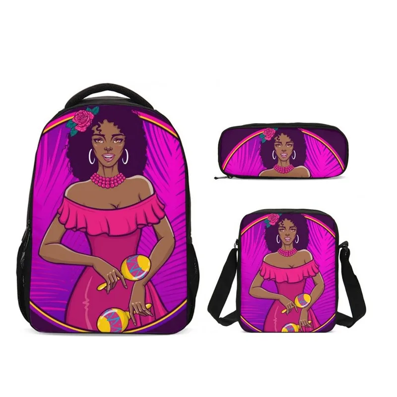 3Pcs/Set Portfolio School Bags Girls Boys Fashion Black Art African Girl Printed Backpacks Teenager Kids Bookbag Casual Daypacks