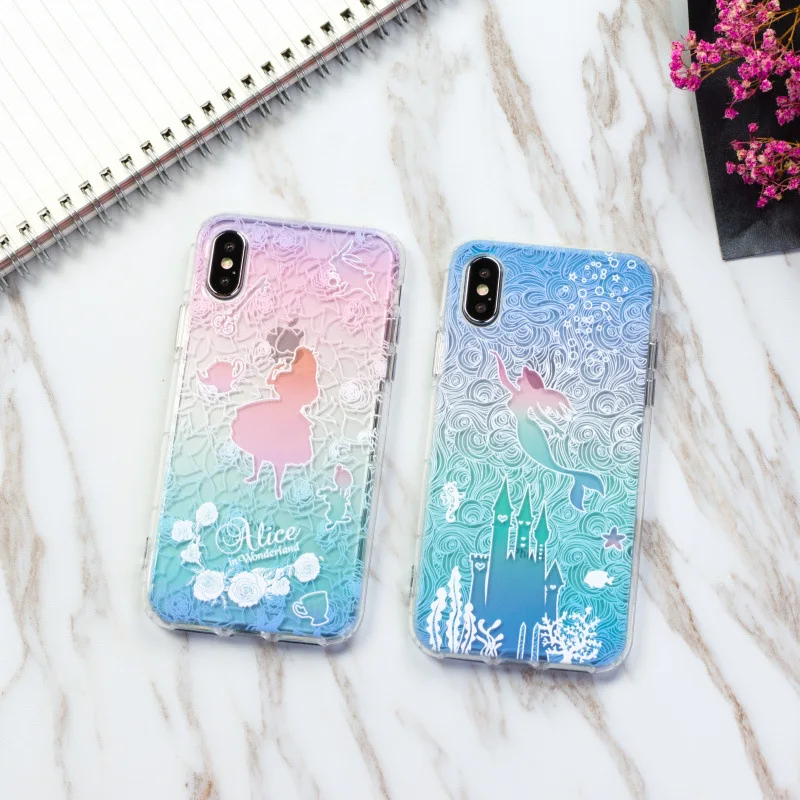Яркие синие Алиса в стране чудес Русалка Прозрачный чехол для девочек iPhone X XS Max XR 8