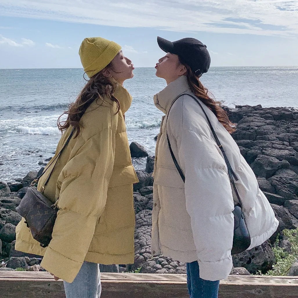 

Photo Shoot Main Push INS College Style Off-white Loose-Fit Stand Collar Single Breasted Large Pocket down Coat Cotton Overcoat