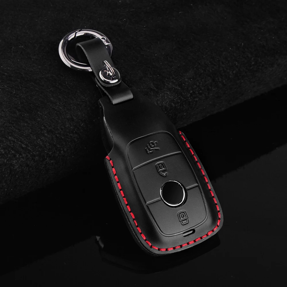 Dandkey, 3 кнопки, кожаный чехол для ключей автомобиля для Mercedes Benz AMG E, класс W213, брелок, кольцо, крышка, аксессуары для стайлинга автомобилей - Название цвета: Черный