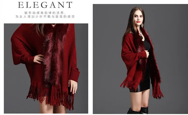 autumn winter fake fox fur tassel knitting cardigan female shrug cloak long sweater women