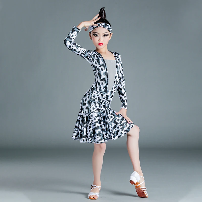 

Girls Latin Dance Leopard Print professional Dress Kids Ballroom Competition Evening Party Stage Performance Clothing Top+Skirt