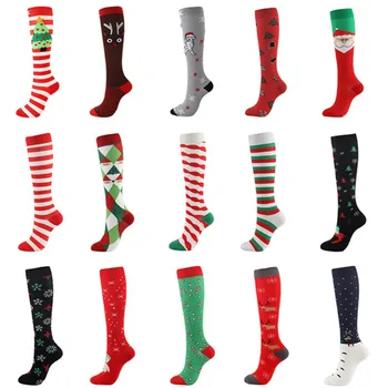 

Compression Socks Knee-length Christmas Tree Deer Striped Printed Stockings 2020 Warm Knit socks For Women Men Best Gift