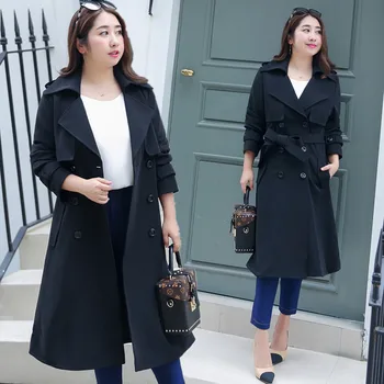 

Office Lady Slim Long Trench for Women Solid Turn-down Collar European Trench Coats Double Breasted Designer Wind Breaker