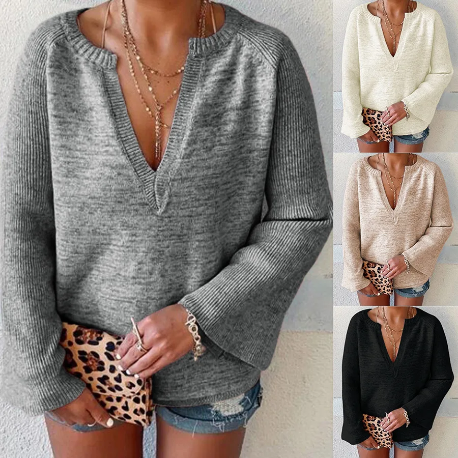 

V Neck Sweaters Long Sleeve Solid Color Female Jumper Autumn Winter Fashion Casual Basic Soft Warm Knitted Tops