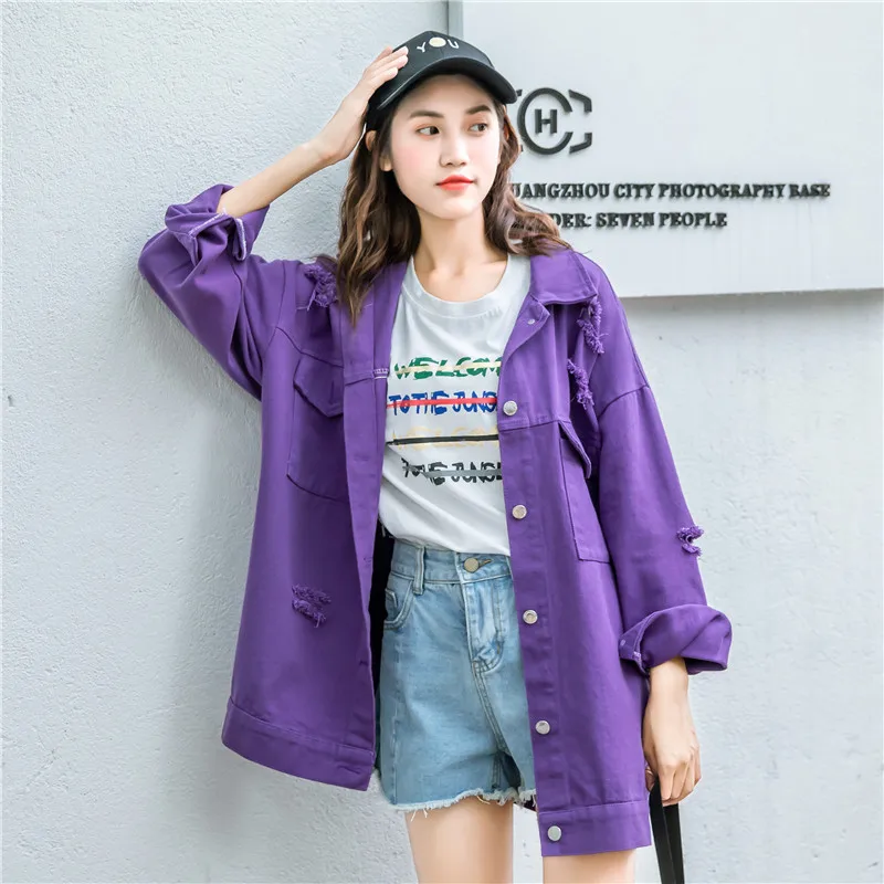

Harajuku Plus size Letter Embroidery Hole Denim Jacket Women Spring 2020 Loose Big Pocket Casual Jeans Jacket Student Basic coat