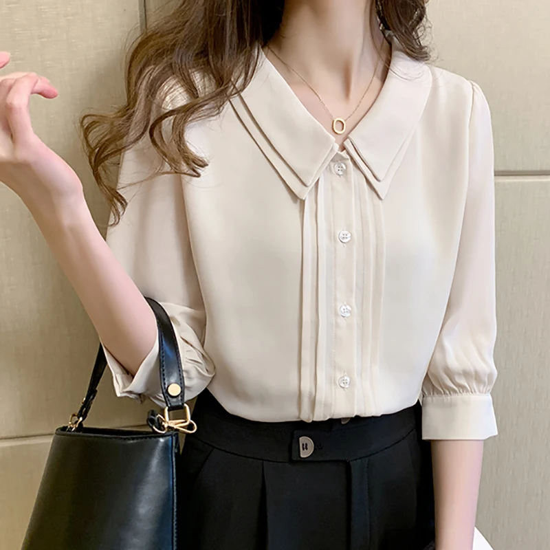 

Peter Pan Collar Pullover Shirt Women 2020 Summer Tops Half Sleeve Casual Woman Clothes Button Chiffon Blouse Chemisier Femme