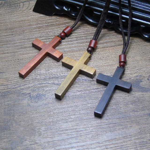 Wooden Cross Pendant Necklace Long for Woman Men Vintage Wood Christian  Fashion