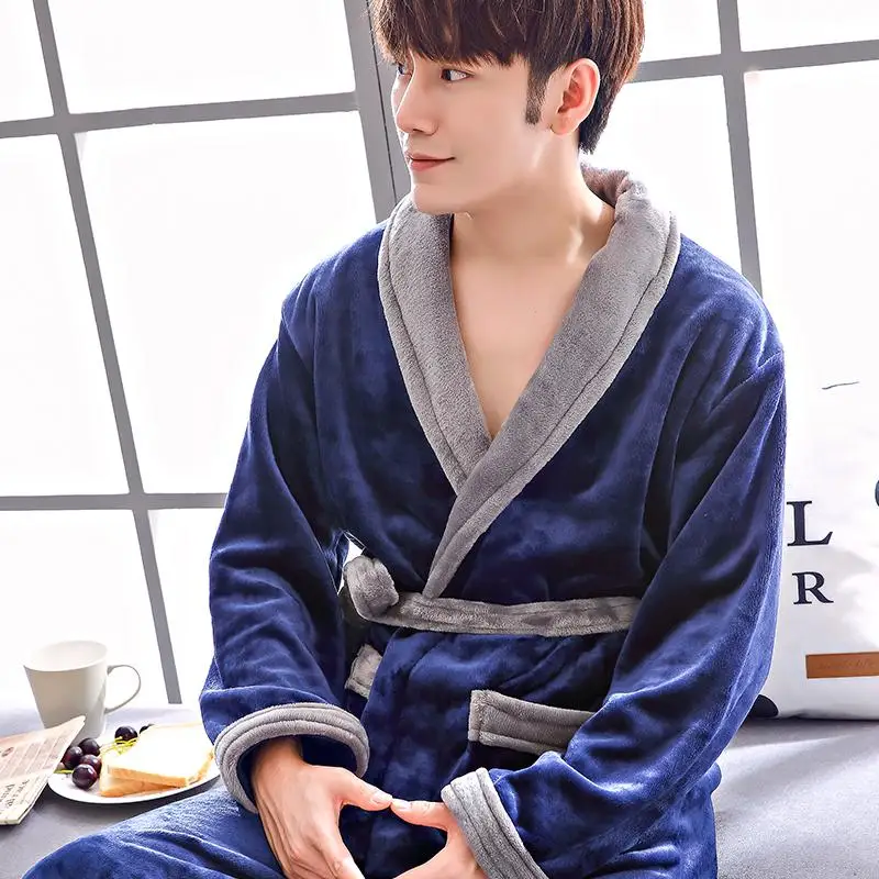 Для любителей кораллового флиса банный халат осень зима теплая одежда для сна для женщин и мужчин плотный халат для отдыха халат кимоно домашняя одежда - Цвет: Men Robe 7