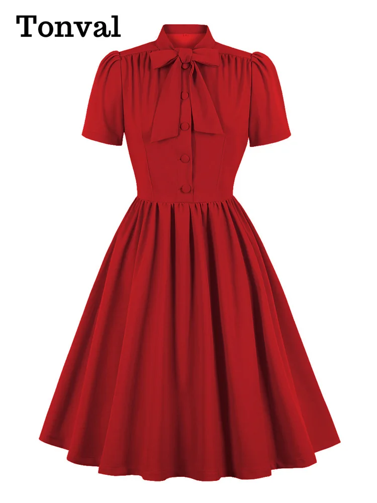 Tonval Red Solid Dresses for Women Bow Tie Neck Button Up Vintage Pleated Dress Party Elegant Robes Short Sleeve Summer 2022