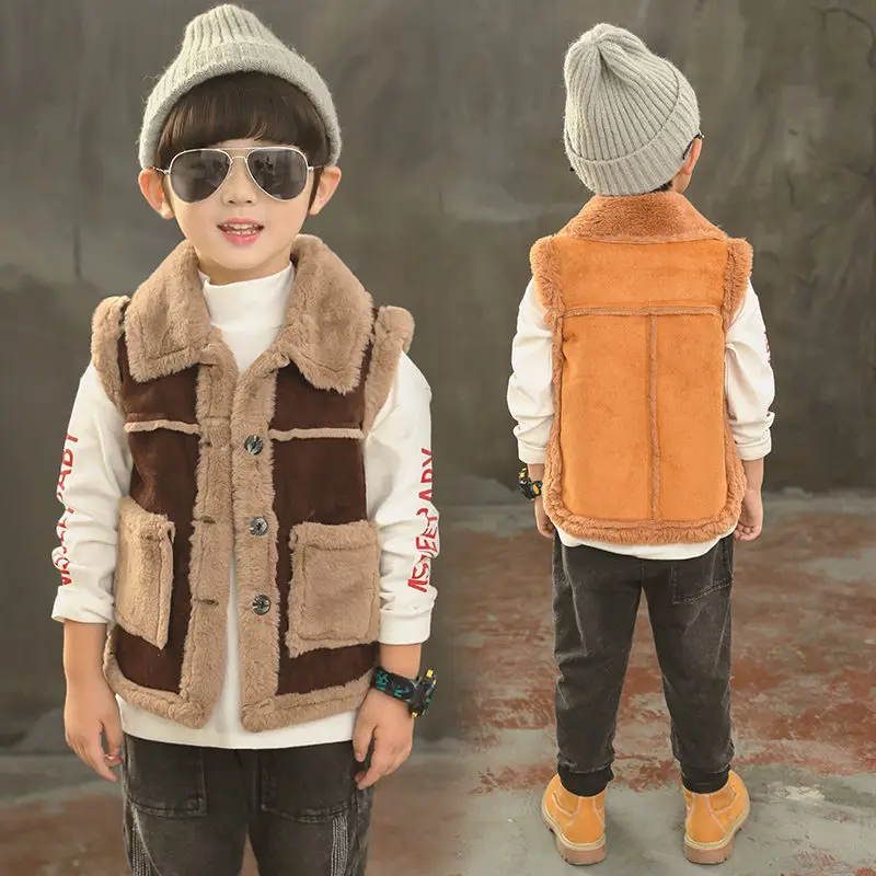 

Vintage Kids Thicken Vest Winter Boys Wool Vest Cowboy Sleeveless Knitting Velvet Fur Waistcoat Children Baby Outerwear 4 to 13T