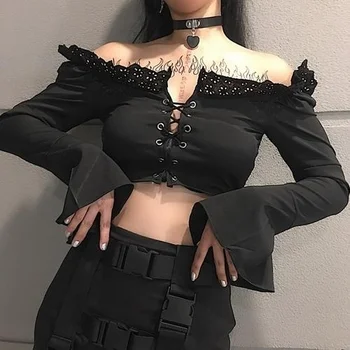

Punk Design Women's Goth Off Shoulder Full Sleeve Crop Top T019