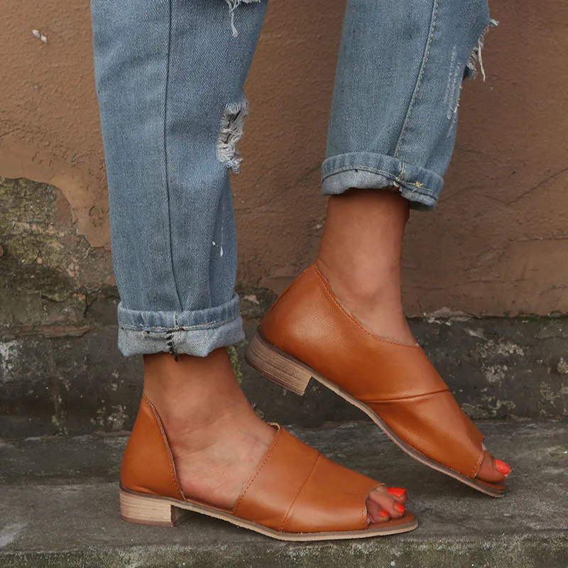 

Low Sandals Woman Leather Spring Shoes Open Toe Large Size 2019 Women's Summer Heels Low-heeled Peep Comfort Block Closed
