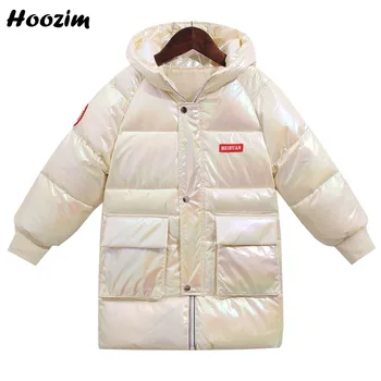 

Winter White Duck Down Jacket For Girls 4-11 Years Fashion Shine Minimalist Solid Outerwear Child European Hooded Long Coat Boys