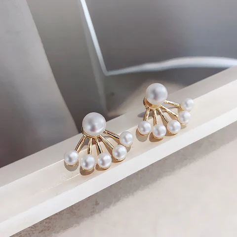 Korean Crystal Line Metal Pearl Stud Earrings For Women Girl Simple Gold Color Small Earring Party Jewelry