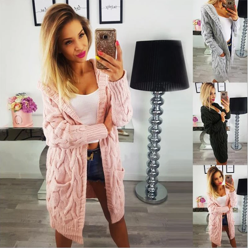 

Knitted Twist Hooded Sweater Coat Woman Long Sleeve Loose Casual Sweaters Korean Solid Color Clothes Fashion Sweter Plus Size