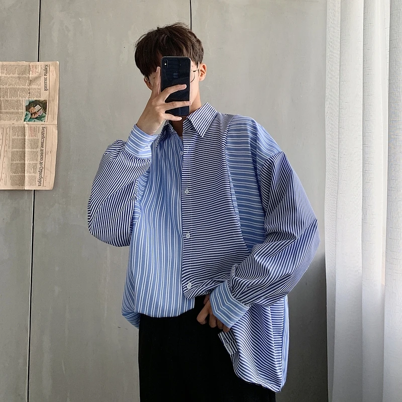 

Men's Stripe Printing Long Sleeve Patchwork Hawaiian Male Shirt French Cuff Mens Streetwear Social Shirts Camisa Masculina S-XL