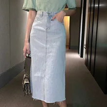 Новинка, свободные, размера плюс, прямые, тонкие, высокая талия, Корея, шик,, летние, женские, одноцветные, джинсовые, до середины икры, длинные юбки DA509
