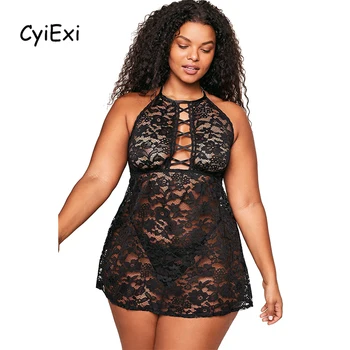 

CyiExi Plus Size Floral Lace Babydoll Sets Lingerie Dress + Thong Halter Crisscross Hollow Out Sleepwear Women's Night Clothing
