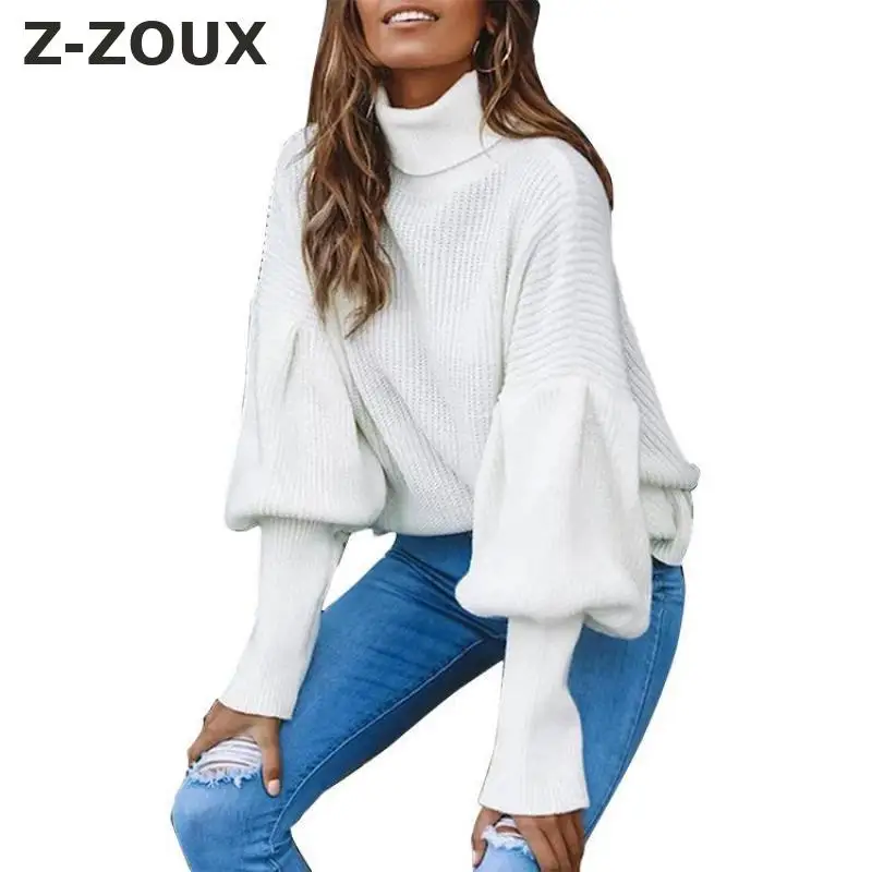 

Z-ZOUX Women Turtleneck Sweater Lantern Sleeve Women Pullover Sweater Loose Long Sleeve Knit Sweater All Match Knit Top White