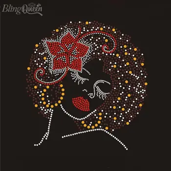 

BlingQueen 25PCS/LOT Korean Custom Brand Logo Rhinestones Transfers Iron On Rhinestone Appliques Afro Lady Design