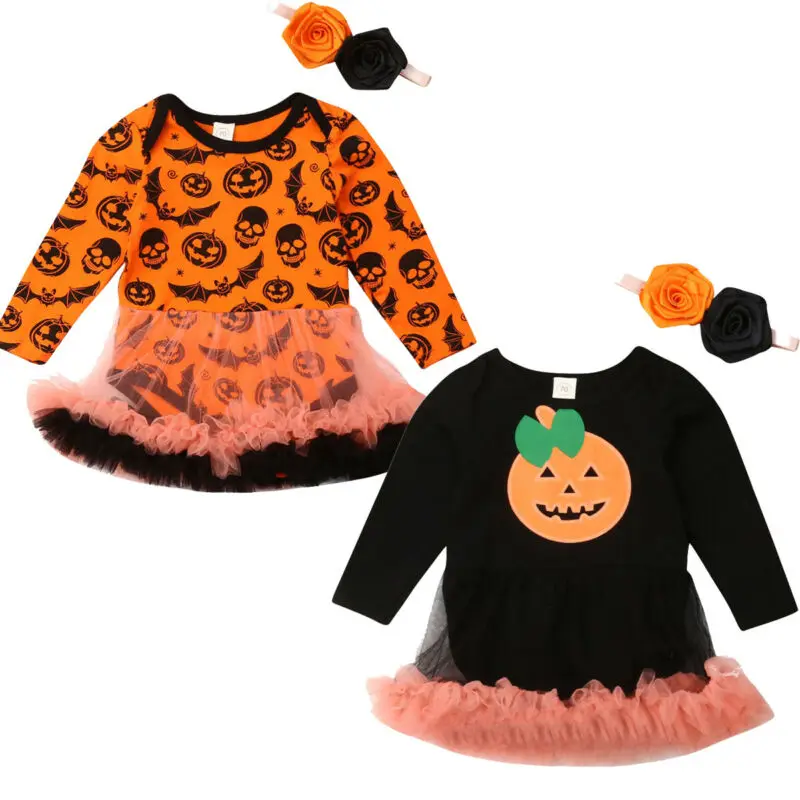 

Autumn Winter Newborn Baby Girls Halloween Orange Black Pumpkin Print Long Sleeve Romper Tutu Dress Headband Outfits