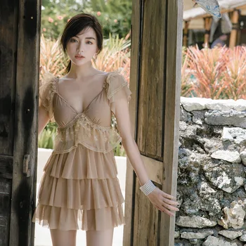 

Bathing Suit Women One Piece Bikinis Female 2019 Retro Swimsuit Ladies Closed Bikini One-Piece New Korea Ins Chiffon Hot Solid