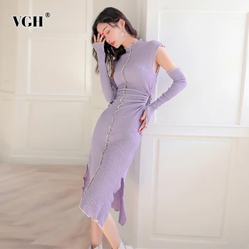 

VGH Elegant Two Piece Set For Women O Neck Long Sleeve Hollow Out Drawstring Ruched Split Ruffles Sets Female 2020 Summer New
