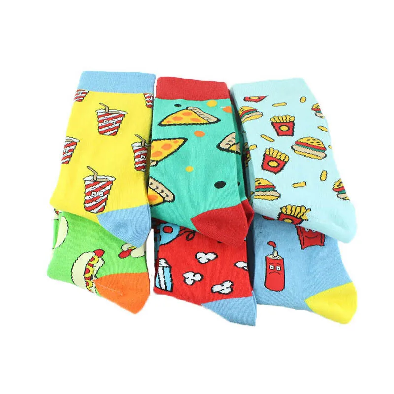 

Funny unisex pizza burger cola hot dog popcorn fries food pattern socks happy warm men's cotton socks Korean style women's socks