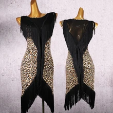 Платье для латинских танцев, платье с бахромой, v-тип, леопардовая танцевальная одежда для женщин, платья для латинских танцев, платье для румбы, костюм